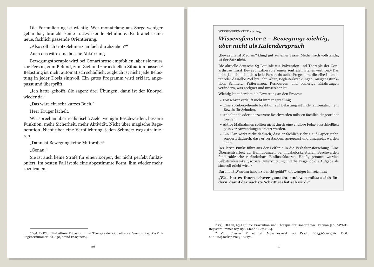 Aufgeschlagene Buchseiten mit einem Wissensfenster über Bewegung und einer Quellenangabe