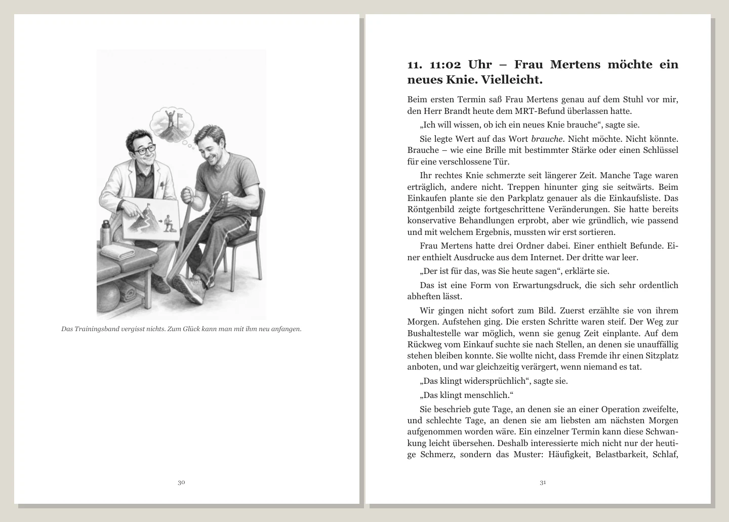 Aufgeschlagene Buchseiten mit einer Illustration zum Trainingsband und dem Beginn der Geschichte über Frau Mertens
