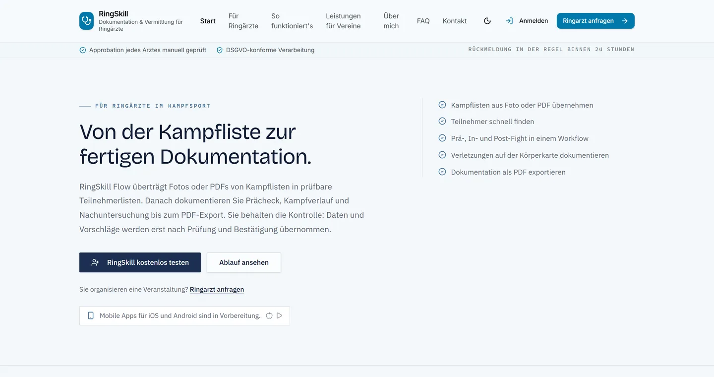 Ringskill-Startseite: Von der Kampfliste zur fertigen Ringarzt-Dokumentation