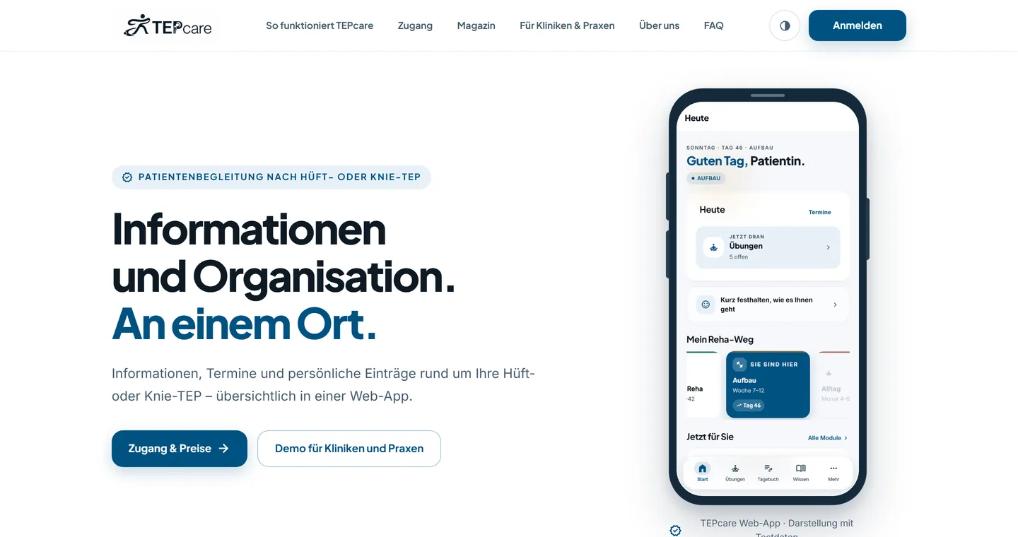 TepCare-Startseite: Reha-Begleitung nach Gelenkersatz als Web-App auf dem Smartphone